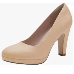 Miss Left Apricot Low Platform High Chunky Heeled Slip On Closed Round Toe Pump