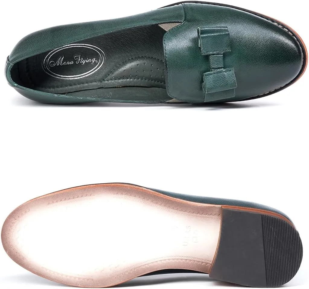 Mona flying Women's Leather Bow Penny Loafer Business Casual Slip on Flat Office Work Shoes for Ladies