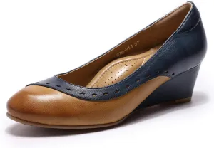 Mona flying Women's Leather Closed Toe 2 Inch Mid Wedges Heels with Arch Support Round Toe Comfortable Dress Pumps for Women Ladies