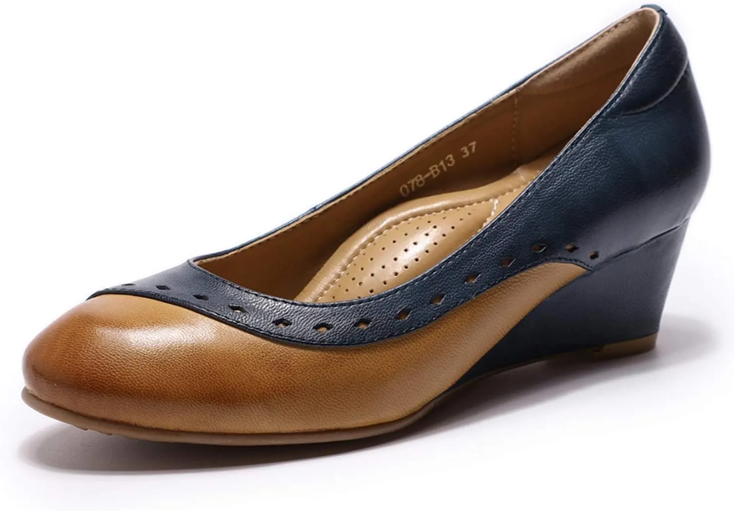 Mona flying Women's Leather Closed Toe 2 Inch Mid Wedges Heels with Arch Support Round Toe Comfortable Dress Pumps for Women Ladies