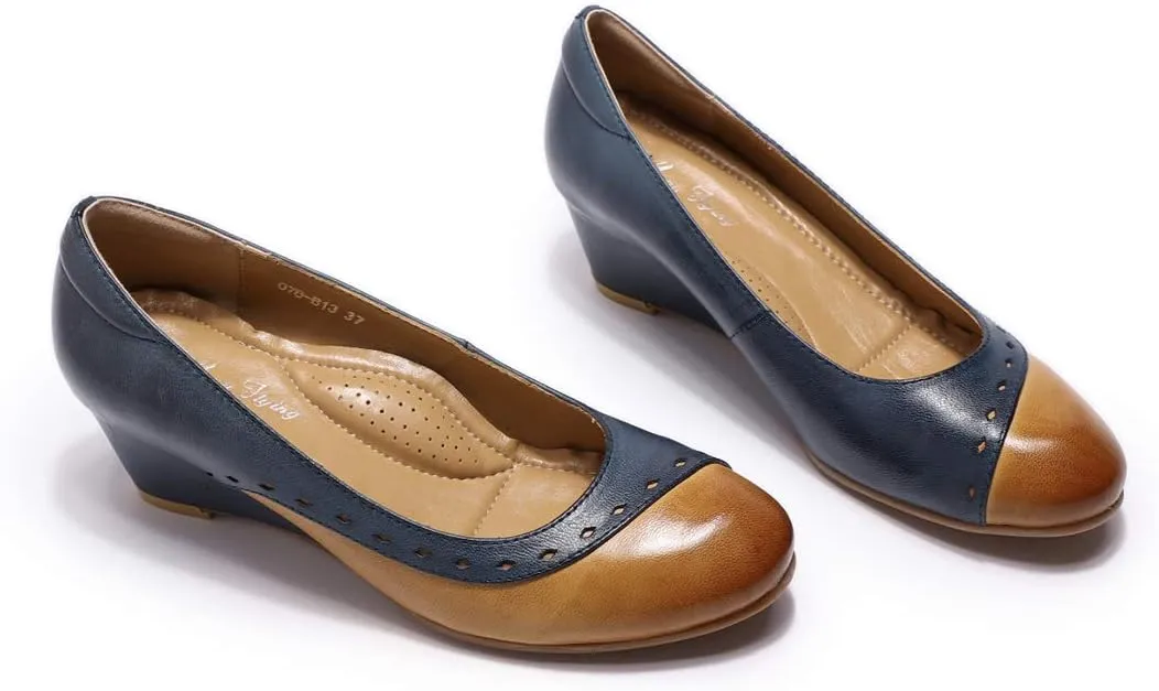 Mona flying Women's Leather Closed Toe 2 Inch Mid Wedges Heels with Arch Support Round Toe Comfortable Dress Pumps for Women Ladies