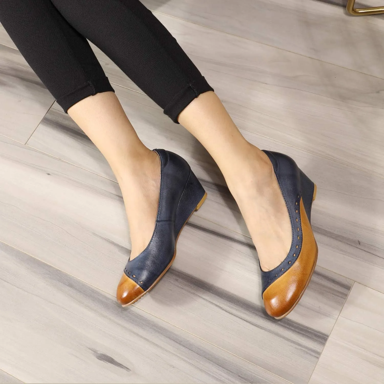 Mona flying Women's Leather Closed Toe 2 Inch Mid Wedges Heels with Arch Support Round Toe Comfortable Dress Pumps for Women Ladies