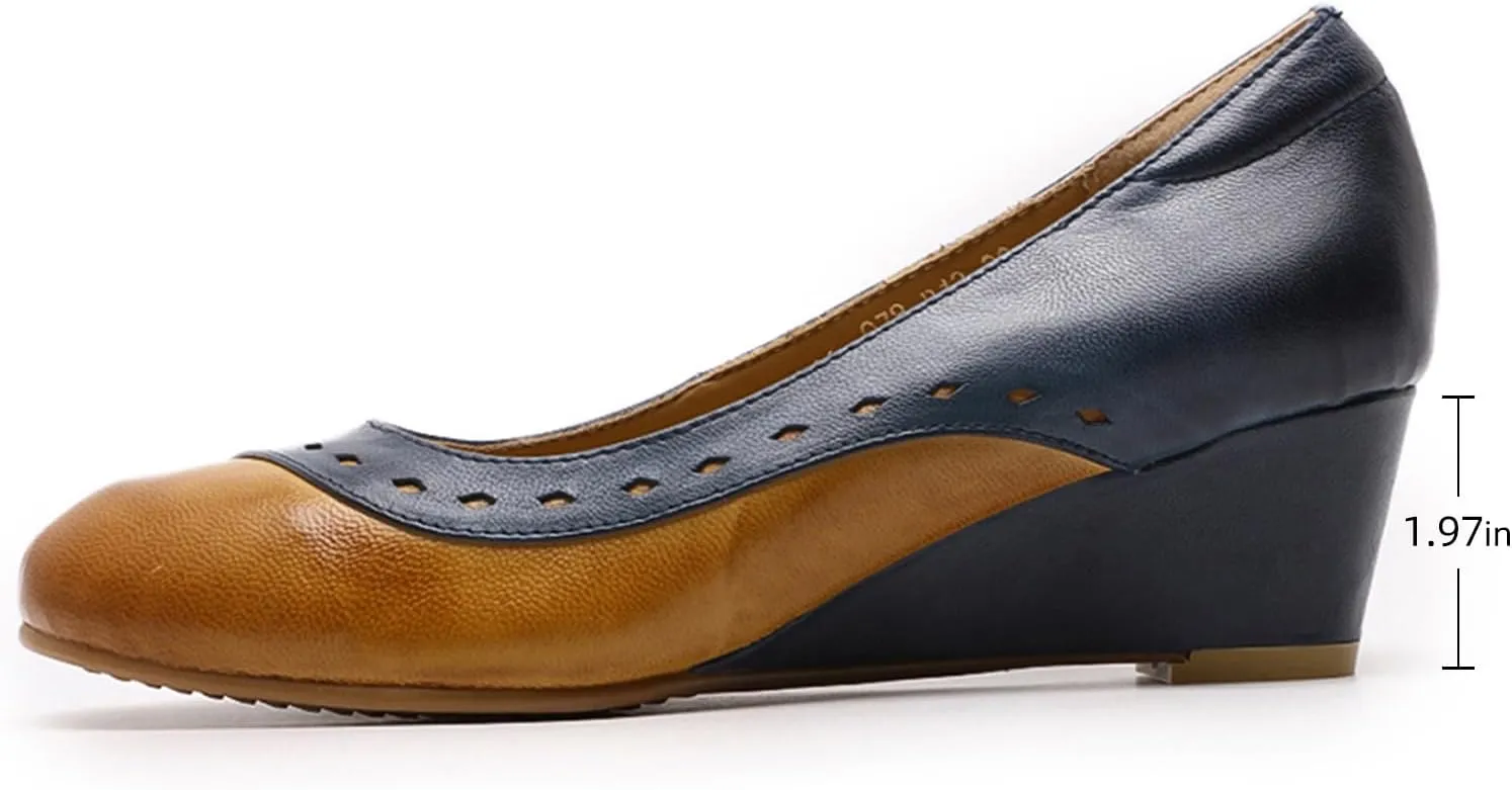 Mona flying Women's Leather Closed Toe 2 Inch Mid Wedges Heels with Arch Support Round Toe Comfortable Dress Pumps for Women Ladies