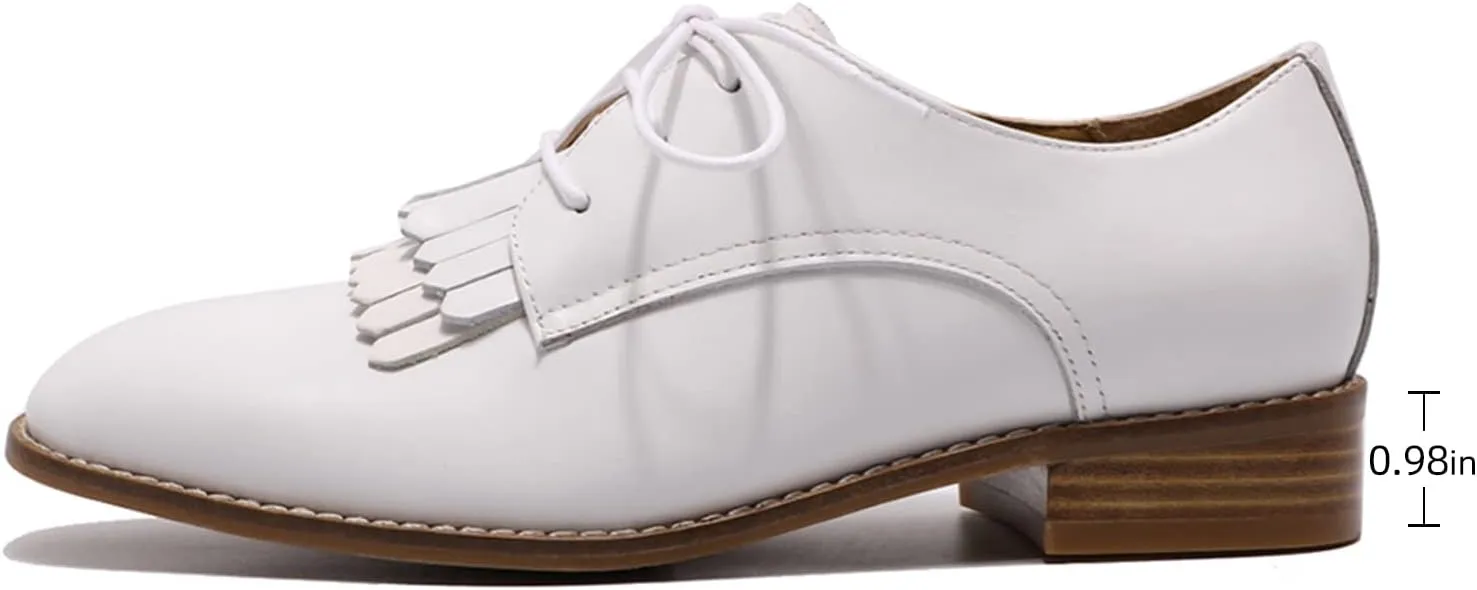 Mona flying Women's Tassel Oxfords Derby Comfortable Lace up Leather Flat Office Work Shoes for Ladies