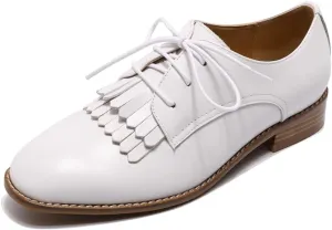 Mona flying Women's Tassel Oxfords Derby Comfortable Lace up Leather Flat Office Work Shoes for Ladies