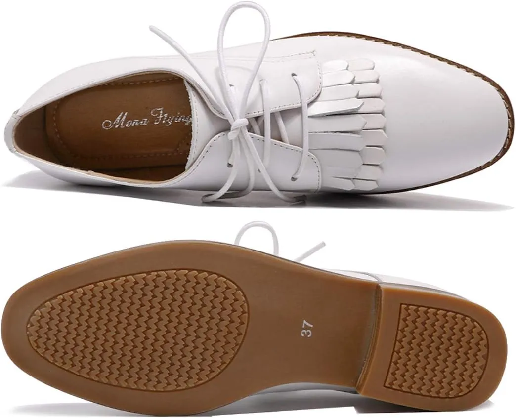 Mona flying Women's Tassel Oxfords Derby Comfortable Lace up Leather Flat Office Work Shoes for Ladies
