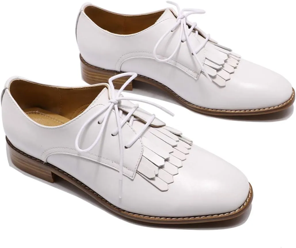 Mona flying Women's Tassel Oxfords Derby Comfortable Lace up Leather Flat Office Work Shoes for Ladies