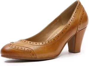 Mona flying Women's Vintage Leather Pump Chunky Heel Round Toe Office Dress Shoes for Ladies