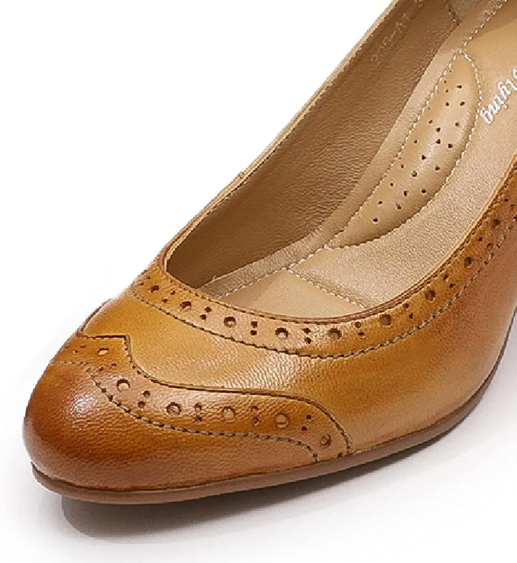 Mona flying Women's Vintage Leather Pump Chunky Heel Round Toe Office Dress Shoes for Ladies