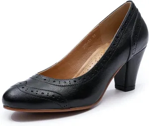 Mona flying Women's Vintage Leather Pump Chunky Heel Round Toe Office Dress Shoes for Ladies
