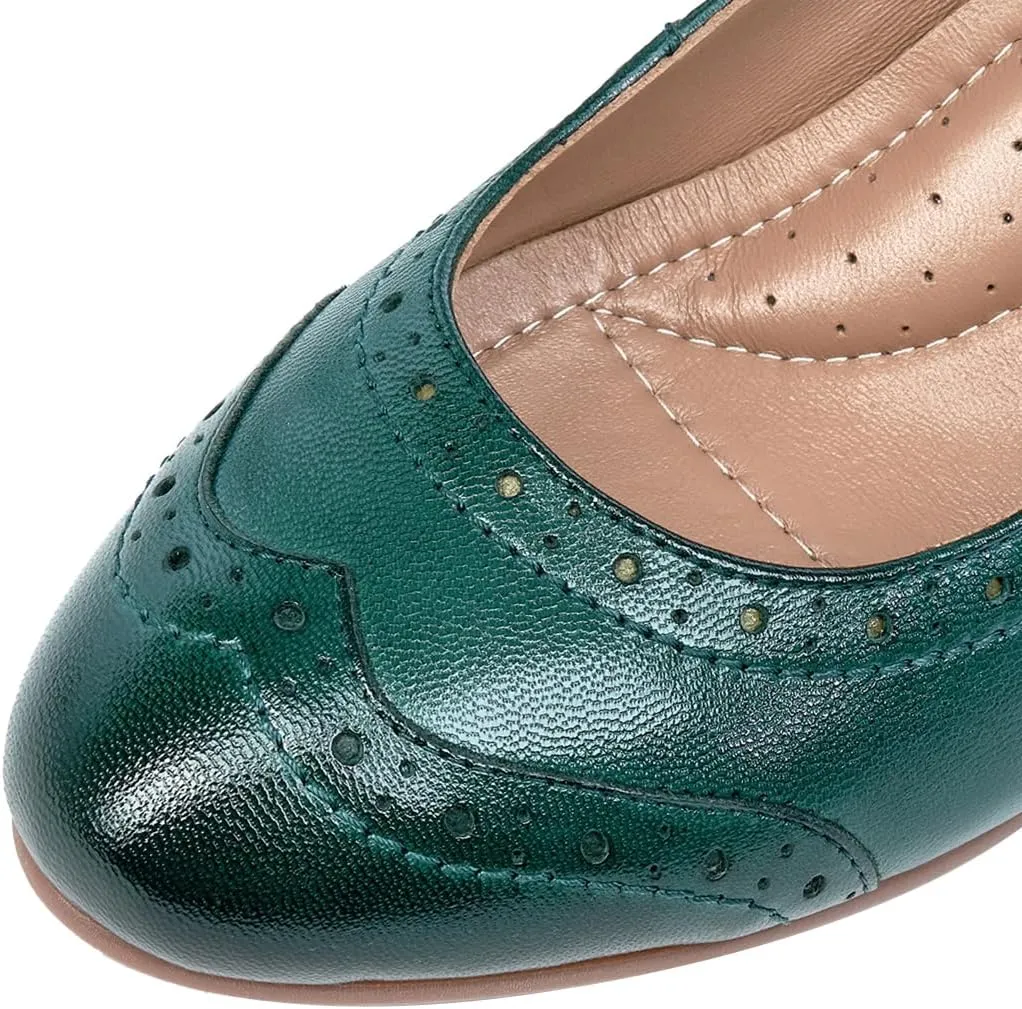Mona flying Women's Vintage Leather Pump Chunky Heel Round Toe Office Dress Shoes for Ladies