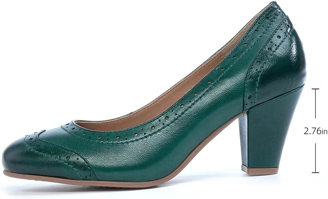 Mona flying Women's Vintage Leather Pump Chunky Heel Round Toe Office Dress Shoes for Ladies