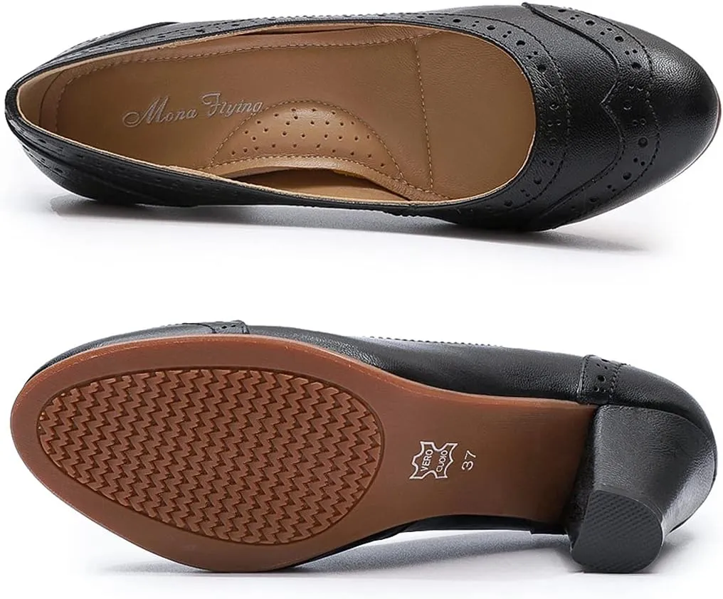 Mona flying Women's Vintage Leather Pump Chunky Heel Round Toe Office Dress Shoes for Ladies