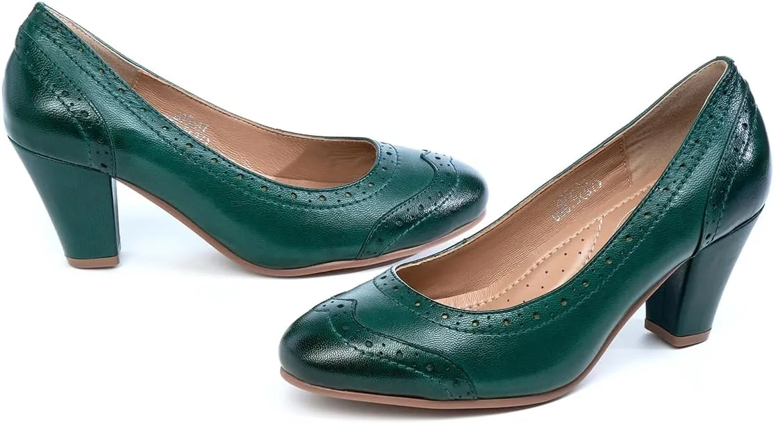 Mona flying Women's Vintage Leather Pump Chunky Heel Round Toe Office Dress Shoes for Ladies