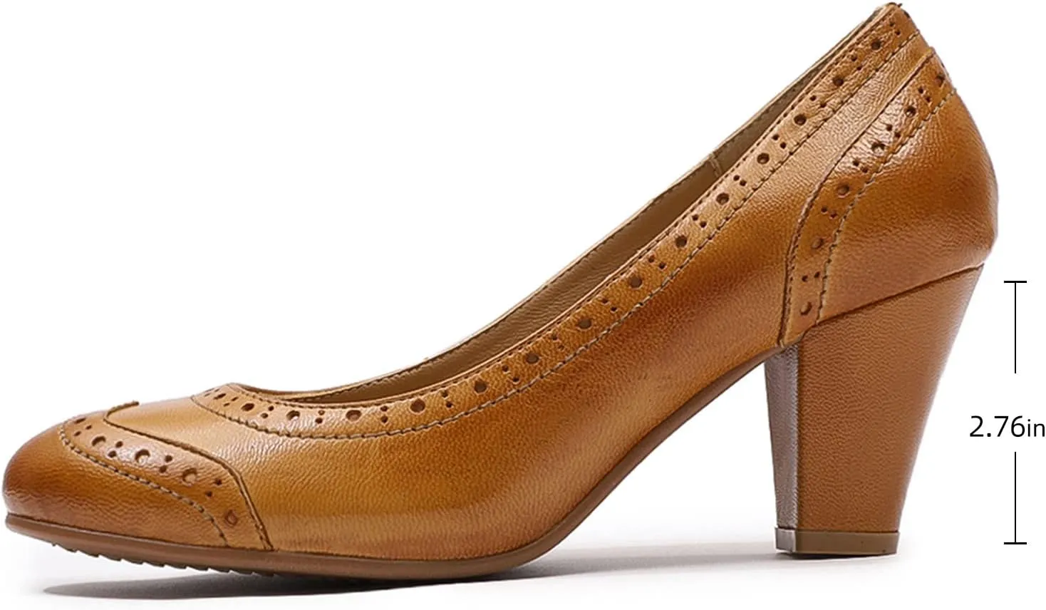 Mona flying Women's Vintage Leather Pump Chunky Heel Round Toe Office Dress Shoes for Ladies