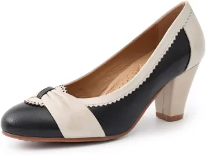 Mona flying Women's Vintage Leather Pump Chunky Heel Round Toe Office Dress Shoes for Ladies