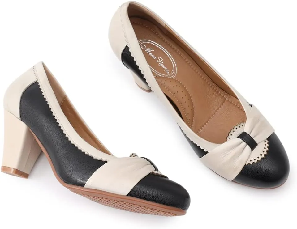 Mona flying Women's Vintage Leather Pump Chunky Heel Round Toe Office Dress Shoes for Ladies