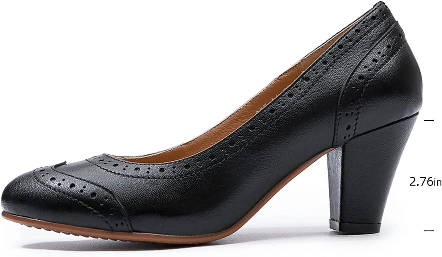 Mona flying Women's Vintage Leather Pump Chunky Heel Round Toe Office Dress Shoes for Ladies