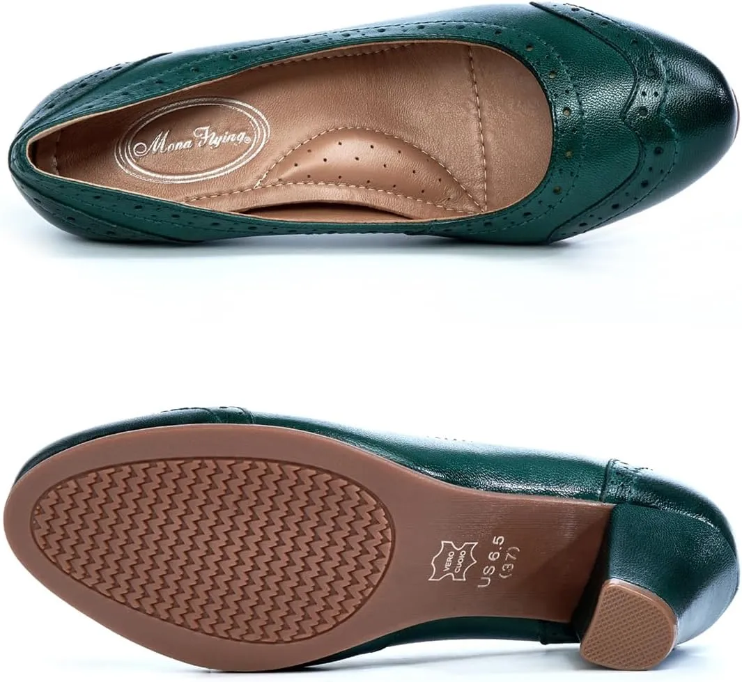 Mona flying Women's Vintage Leather Pump Chunky Heel Round Toe Office Dress Shoes for Ladies