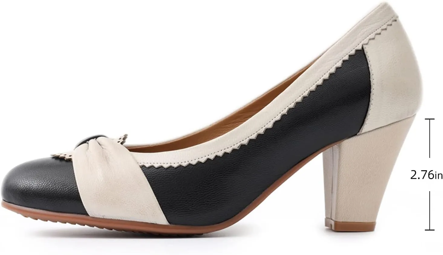 Mona flying Women's Vintage Leather Pump Chunky Heel Round Toe Office Dress Shoes for Ladies