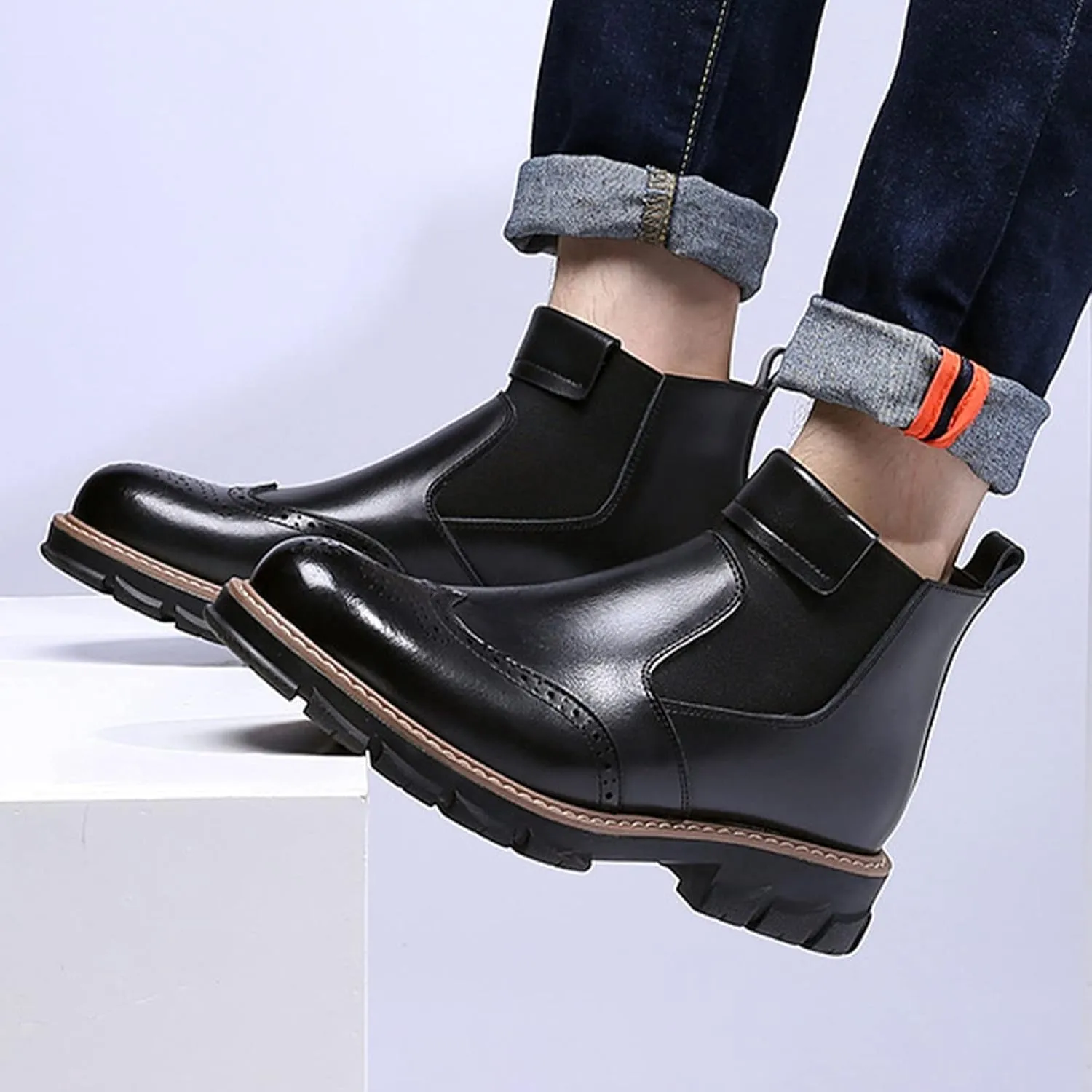 MOYOWEI Men's Leather Dress Chelsea Boots,Classic Carving Floral Wingtip Block Slip on Casual Business Oxford Ankle Booties