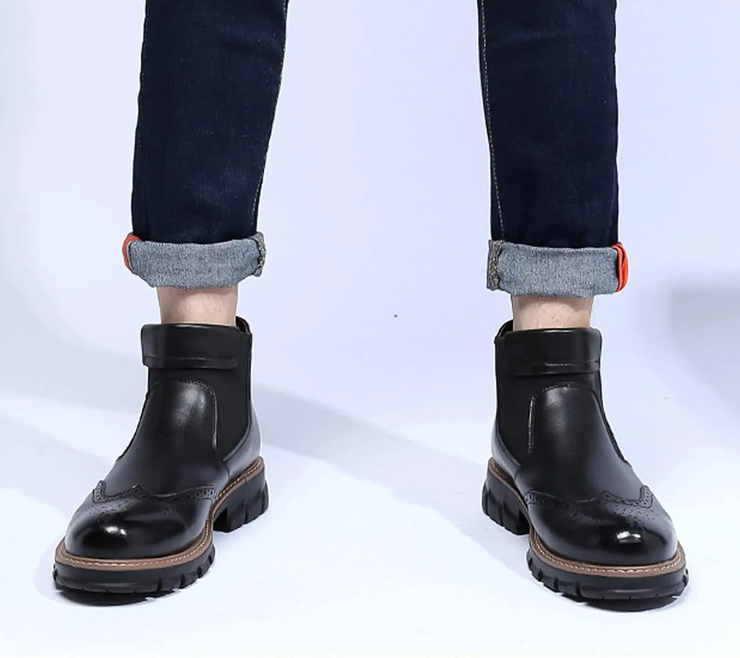 MOYOWEI Men's Leather Dress Chelsea Boots,Classic Carving Floral Wingtip Block Slip on Casual Business Oxford Ankle Booties