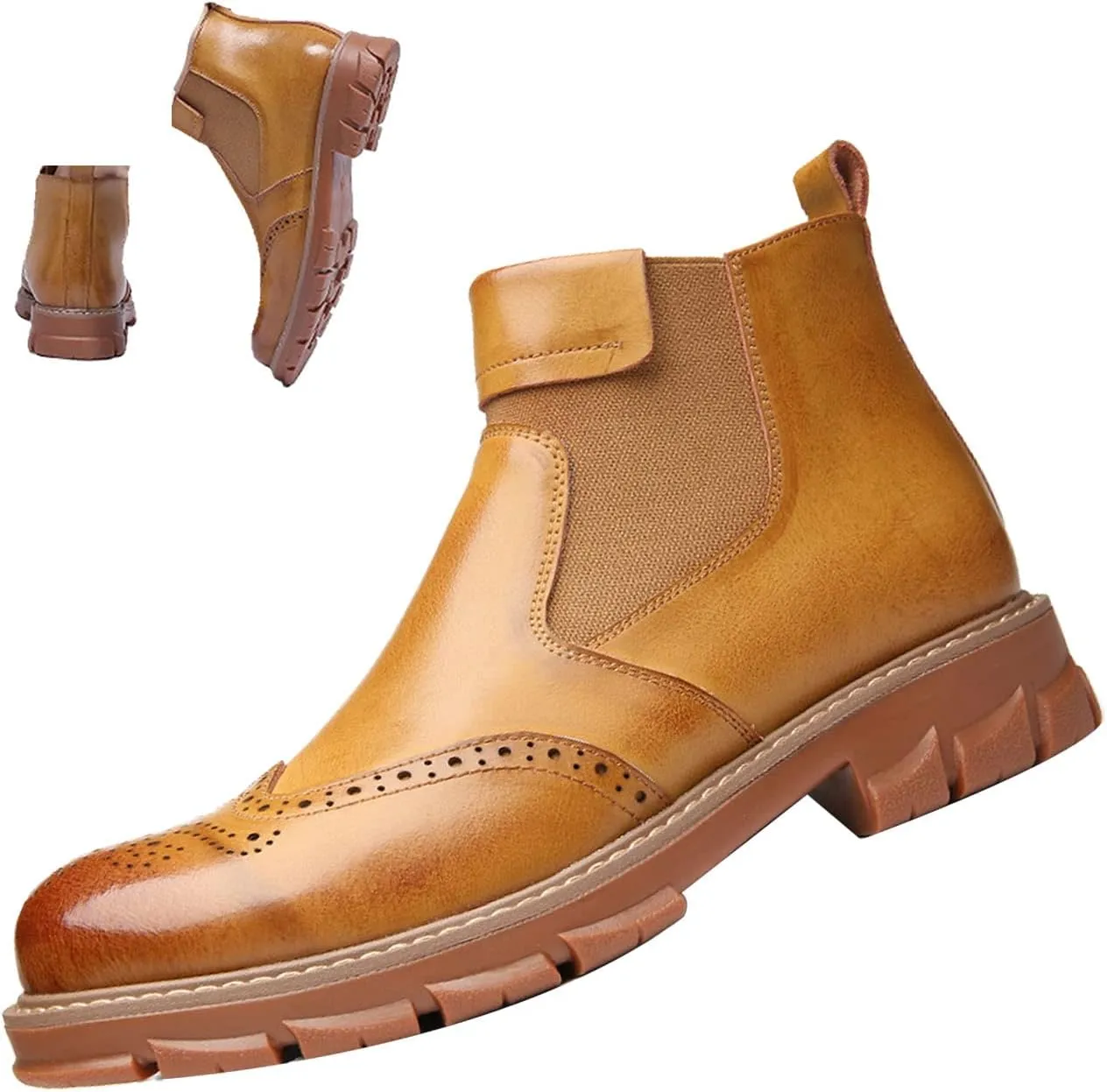 MOYOWEI Men's Leather Dress Chelsea Boots,Classic Carving Floral Wingtip Block Slip on Casual Business Oxford Ankle Booties