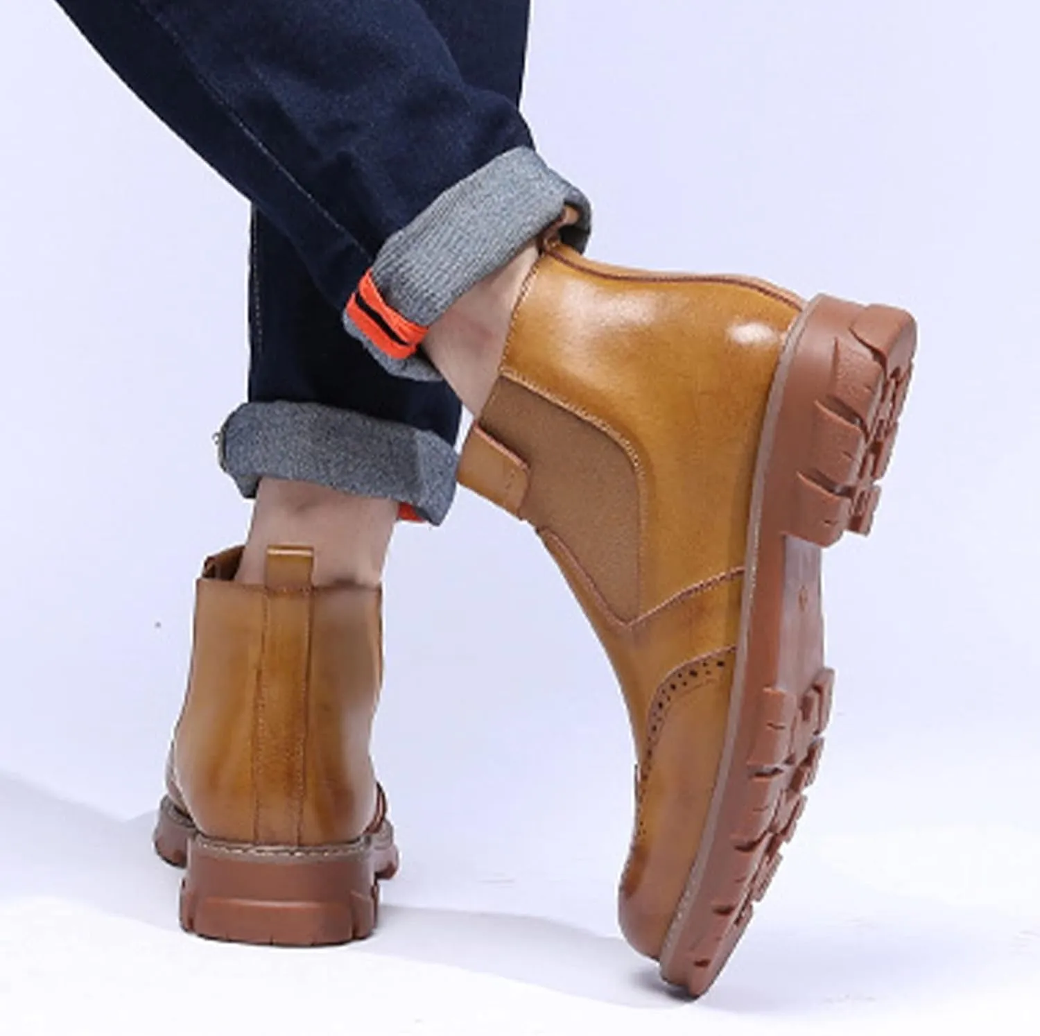 MOYOWEI Men's Leather Dress Chelsea Boots,Classic Carving Floral Wingtip Block Slip on Casual Business Oxford Ankle Booties