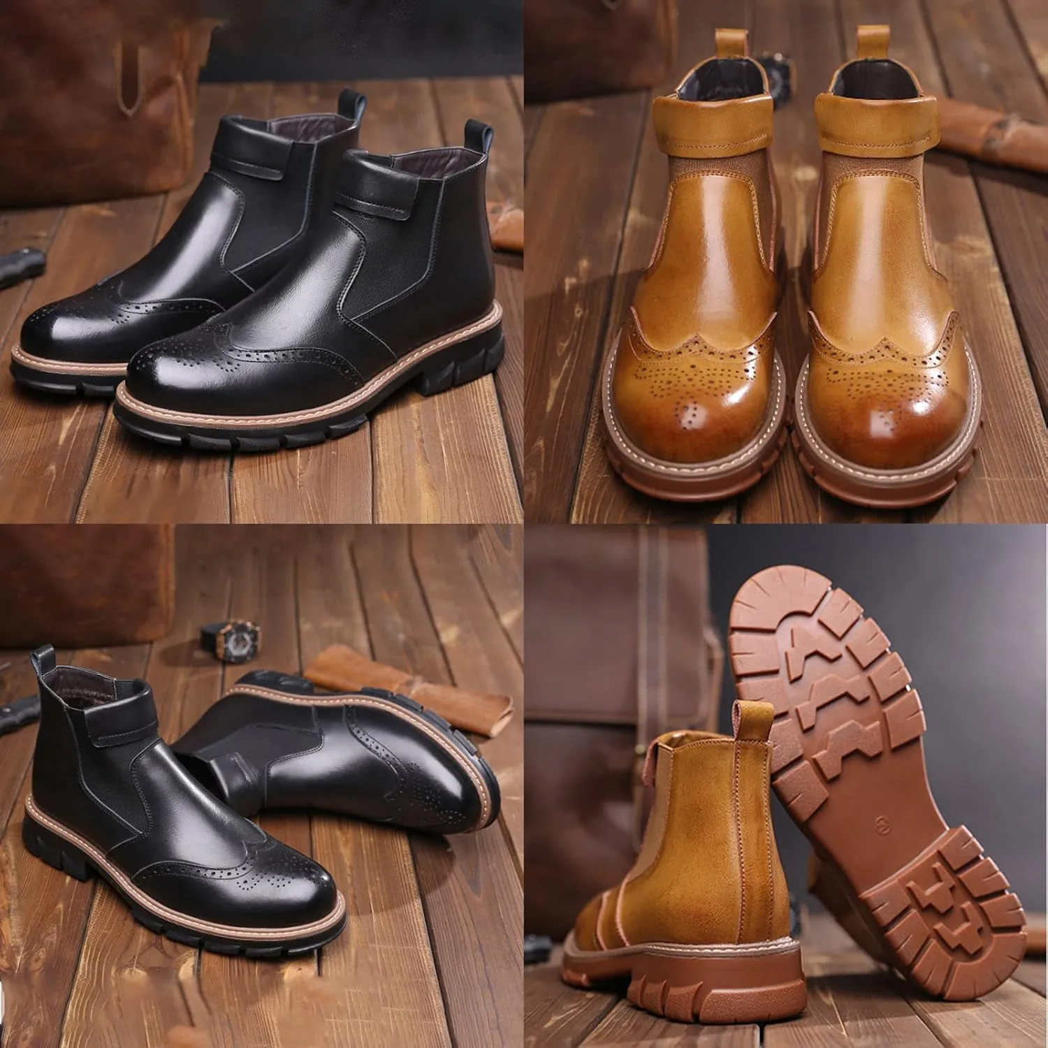 MOYOWEI Men's Leather Dress Chelsea Boots,Classic Carving Floral Wingtip Block Slip on Casual Business Oxford Ankle Booties