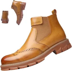 MOYOWEI Men's Leather Dress Chelsea Boots,Classic Carving Floral Wingtip Block Slip on Casual Business Oxford Ankle Booties