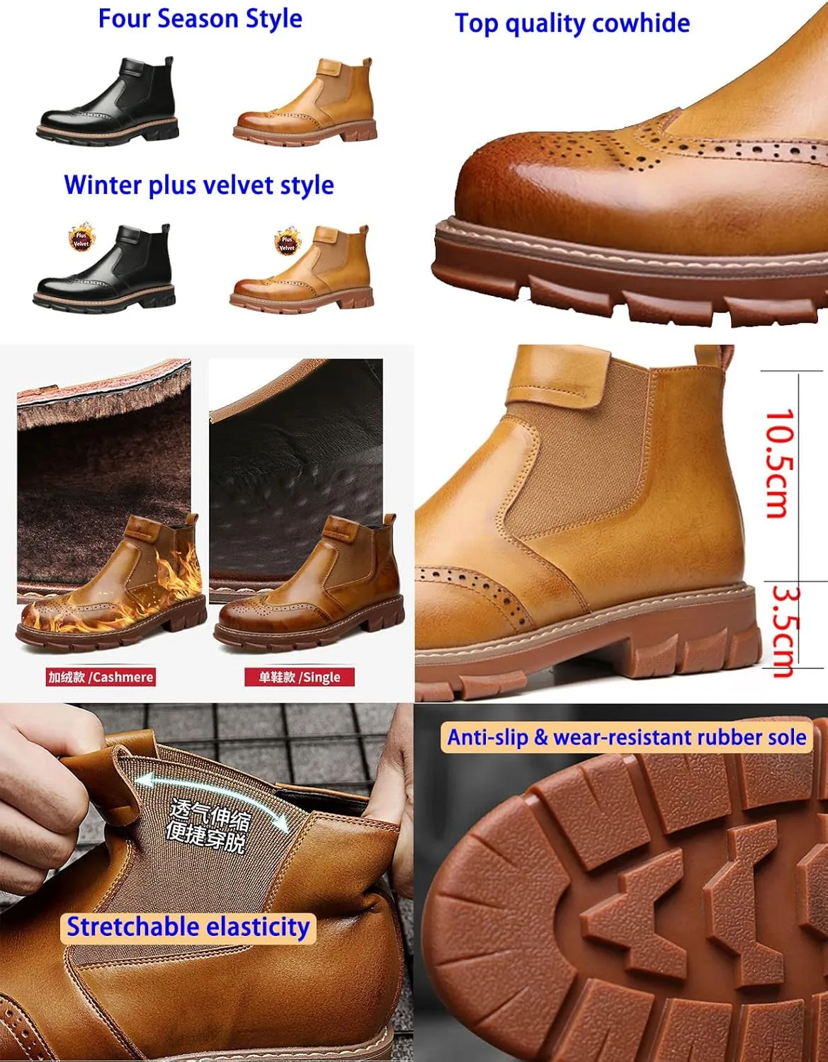 MOYOWEI Men's Leather Dress Chelsea Boots,Classic Carving Floral Wingtip Block Slip on Casual Business Oxford Ankle Booties