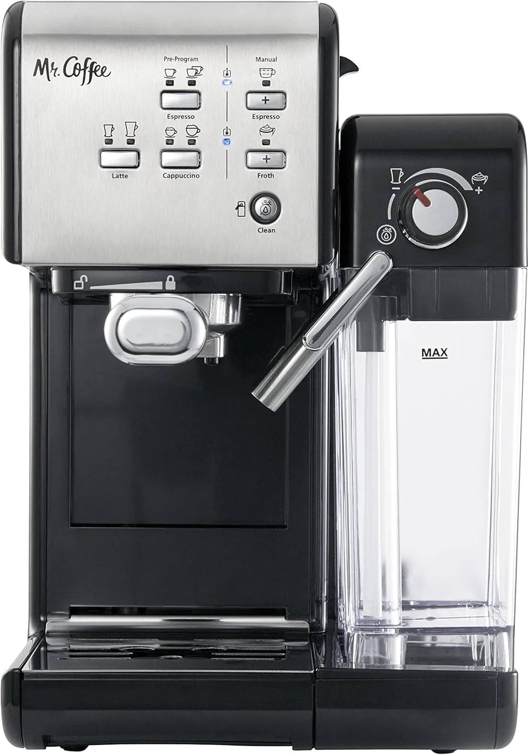 Mr. Coffee Programmable Espresso & Cappuccino Machine with Automatic Milk Frother & 19-Bar Pump, Stainless Steel