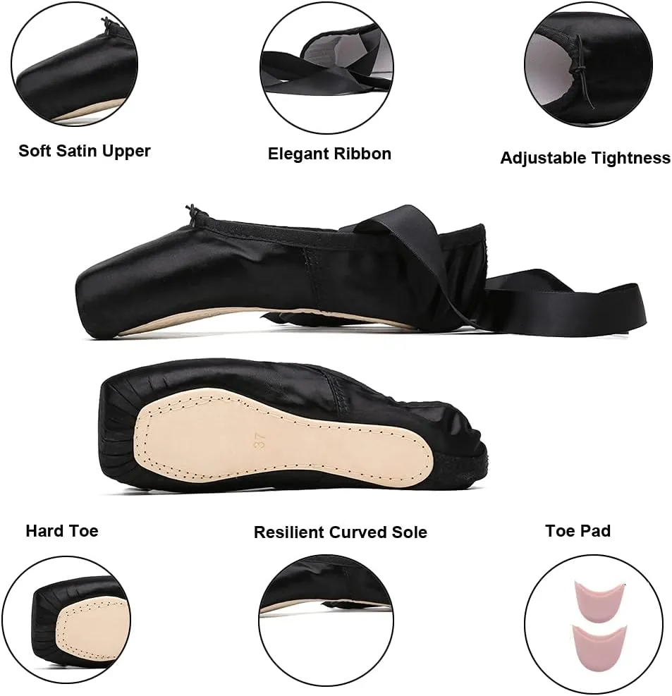 MSMAX Girls Satin Ballet Pointe Shoes Professional Dance Flats