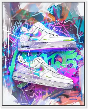 Neon Graffiti Sneaker Wall Canvas Neon Sneaker Art, White Frame, 16" x 20"