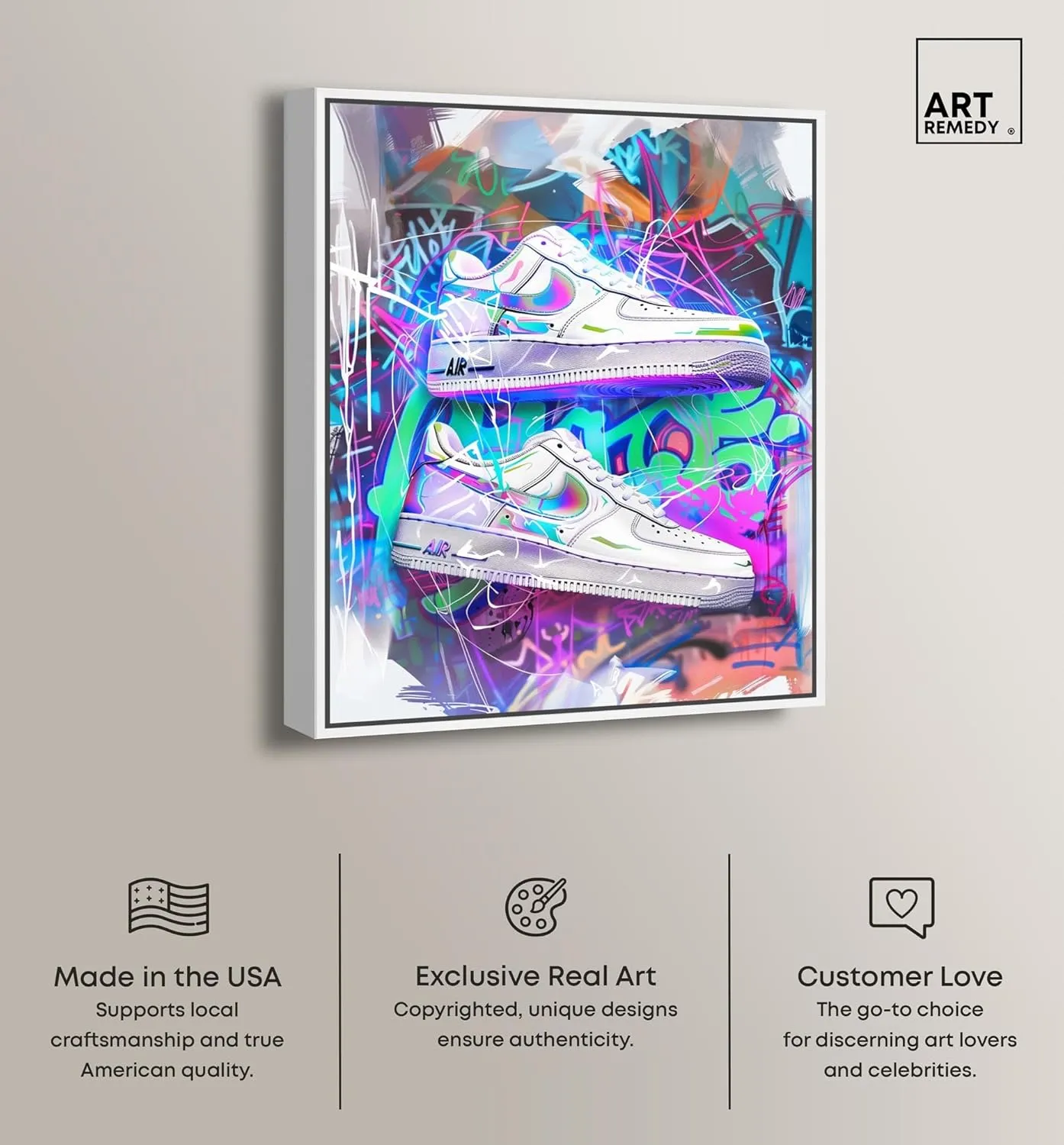 Neon Graffiti Sneaker Wall Canvas Neon Sneaker Art, White Frame, 16" x 20"