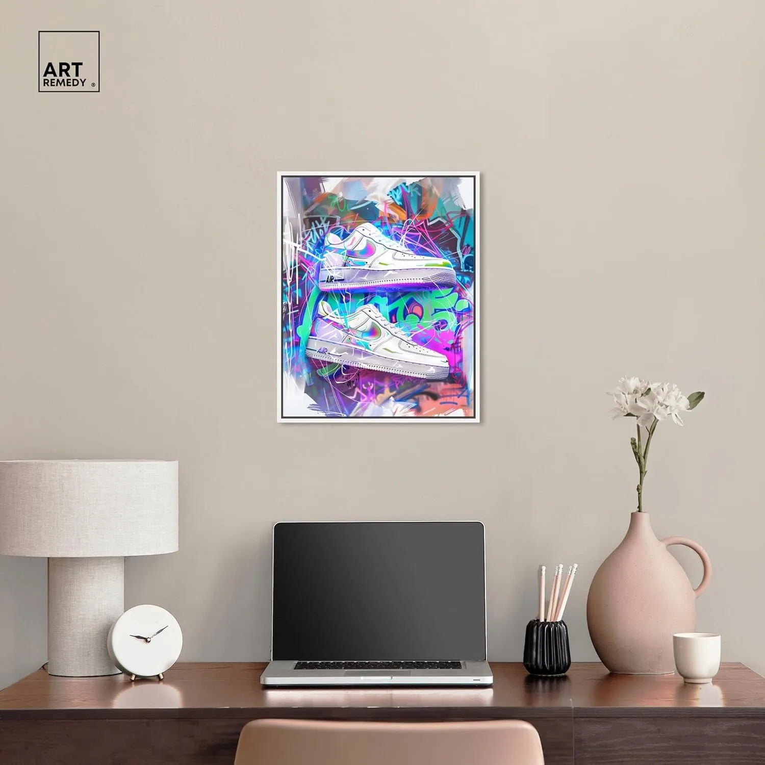Neon Graffiti Sneaker Wall Canvas Neon Sneaker Art, White Frame, 16" x 20"
