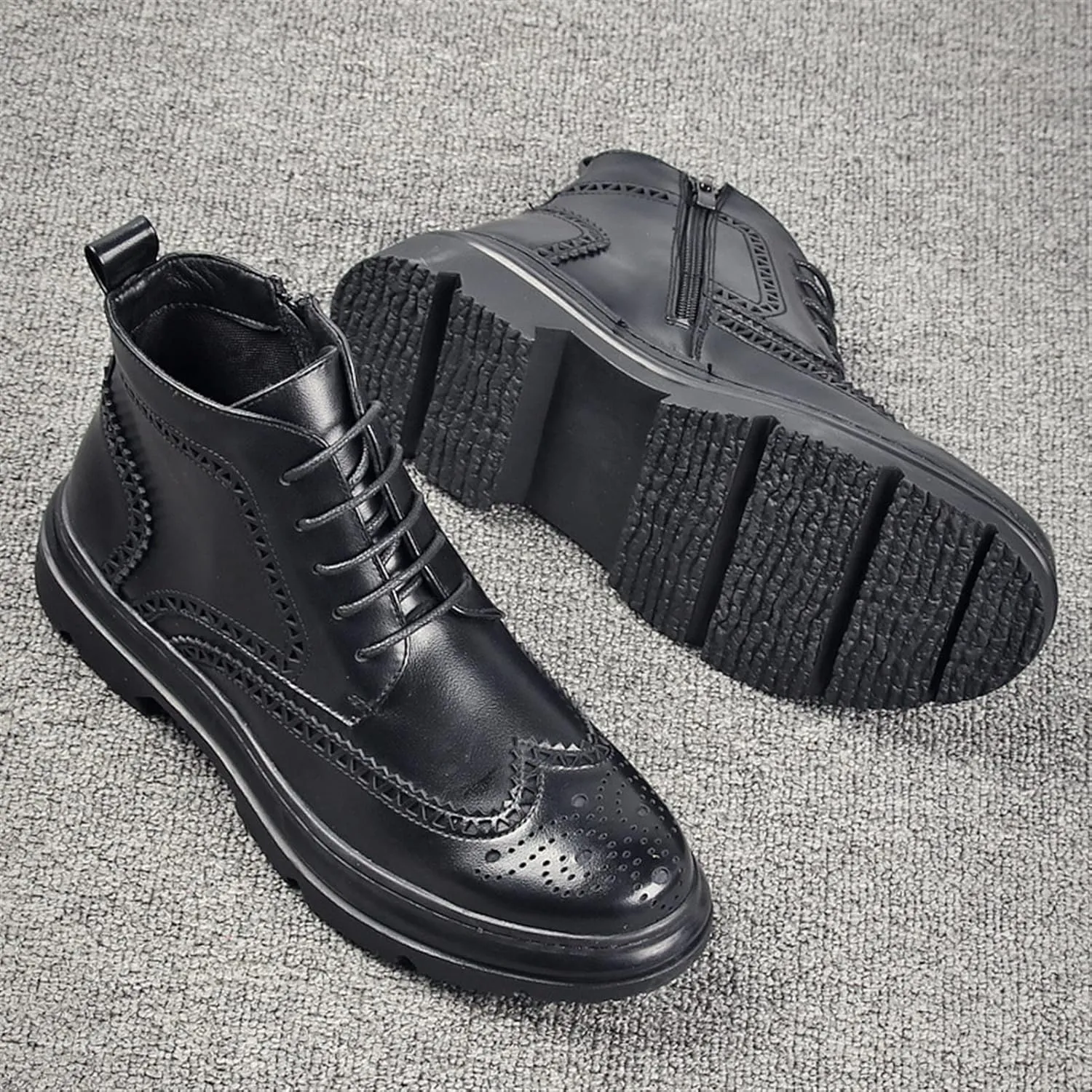New Men's Ankle Boots Block Heel Wearable Derby Carved Brogue Win Tip Side Zip Vegan Leather Work Stylish