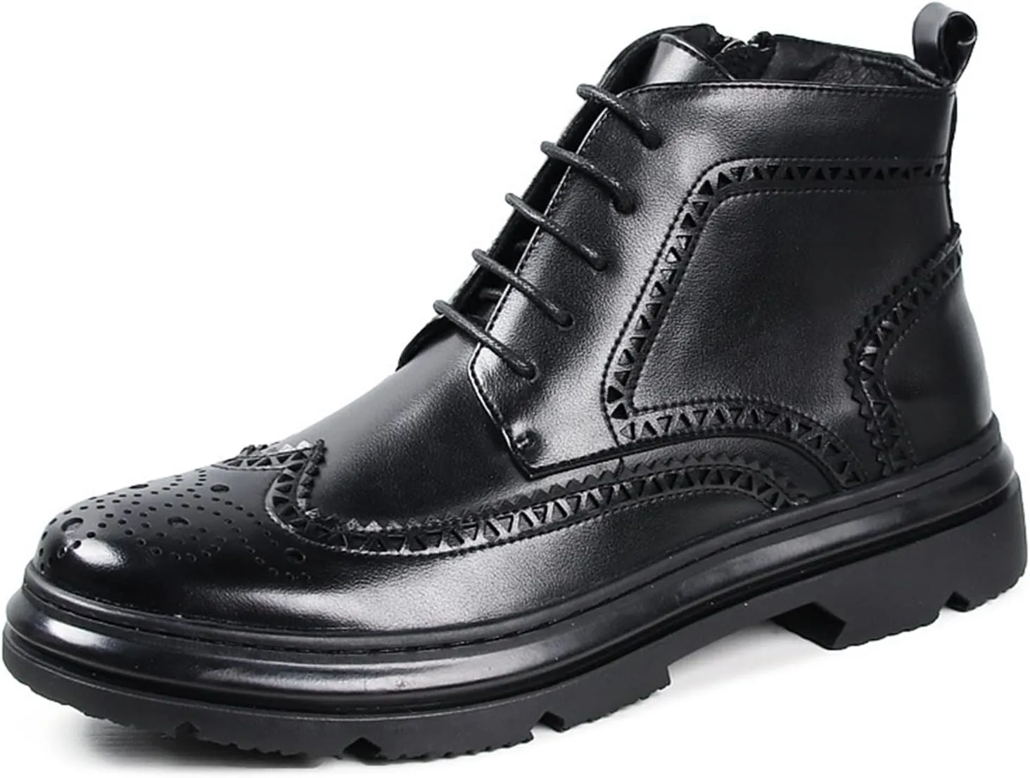 New Men's Ankle Boots Block Heel Wearable Derby Carved Brogue Win Tip Side Zip Vegan Leather Work Stylish