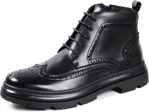 New Men's Ankle Boots Block Heel Wearable Derby Carved Brogue Win Tip Side Zip Vegan Leather Work Stylish