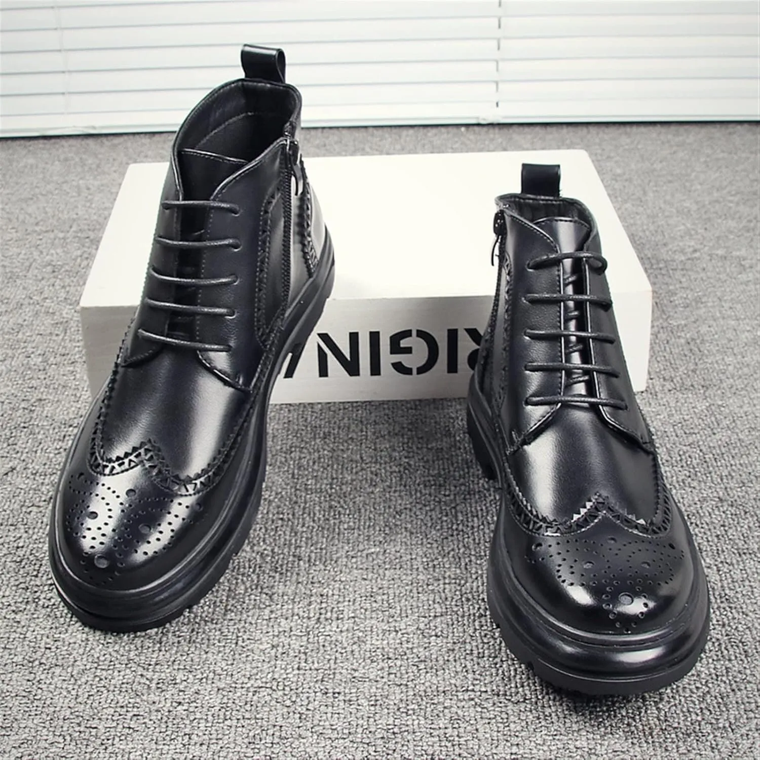 New Men's Ankle Boots Block Heel Wearable Derby Carved Brogue Win Tip Side Zip Vegan Leather Work Stylish