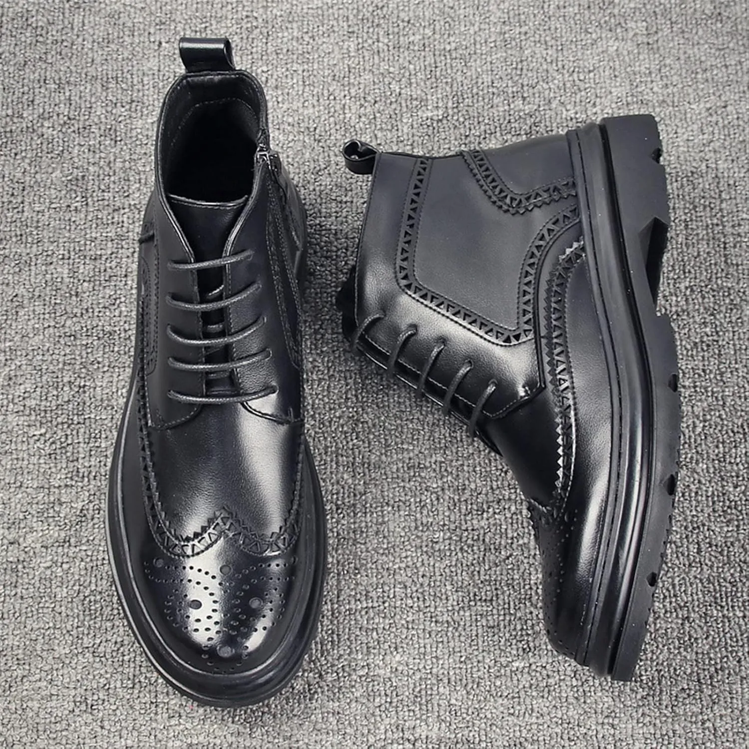 New Men's Ankle Boots Block Heel Wearable Derby Carved Brogue Win Tip Side Zip Vegan Leather Work Stylish