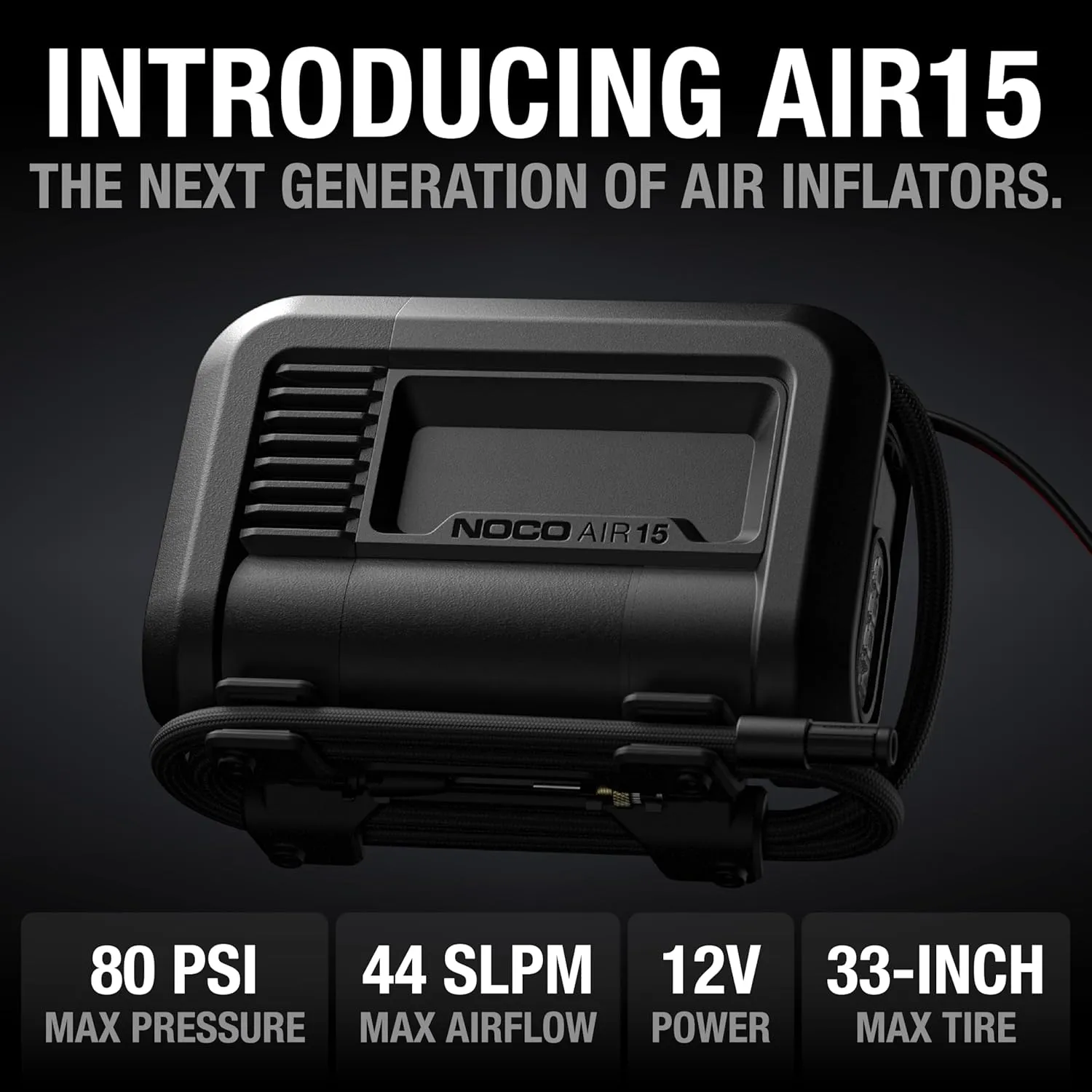 NOCO AIR15: UltraFast 15A Tire Inflator - 12V Portable Air Compressor Pump, Rated at 80 PSI, Inflates Tires from 0-40 PSI in 2.9 Minutes with a Digital Gauge, Smart Pressure, and Auto-Shutoff