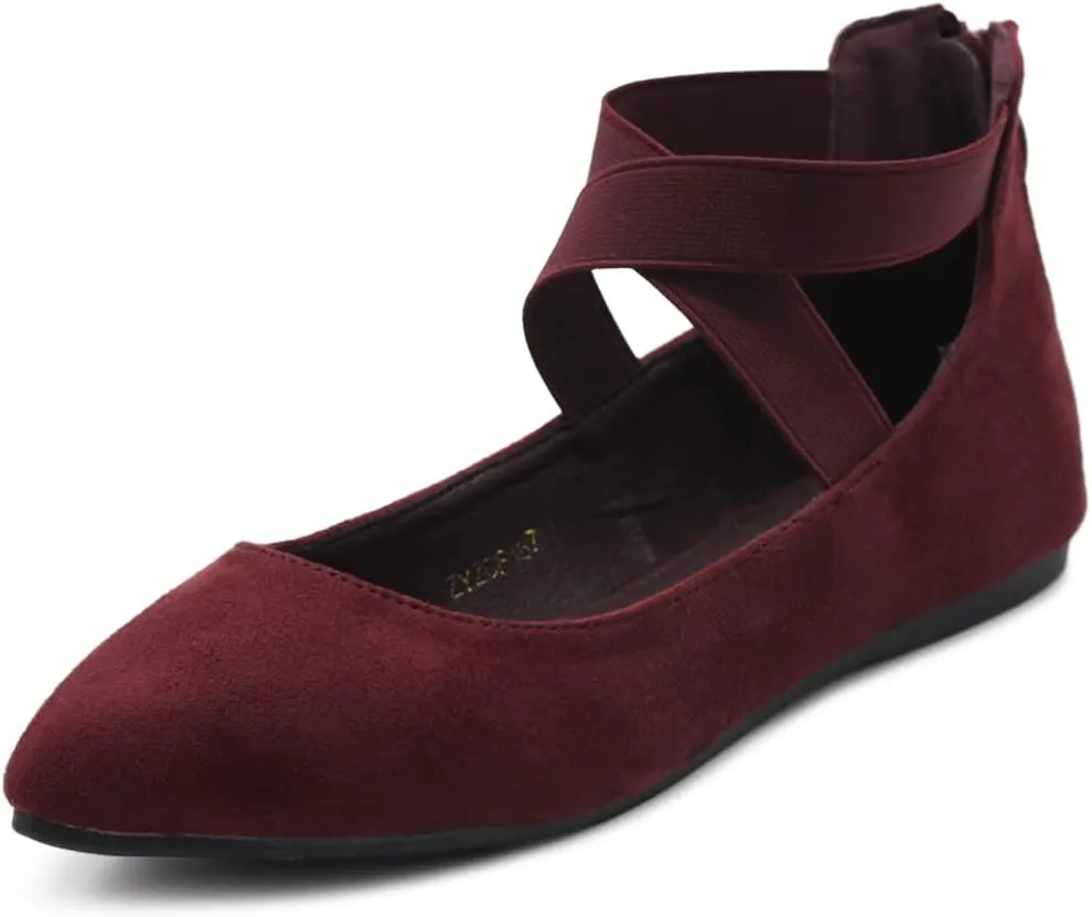 Ollio Women's Faux Suede Elastic Ankle Strap Pointed Toe Ballet Flats F167