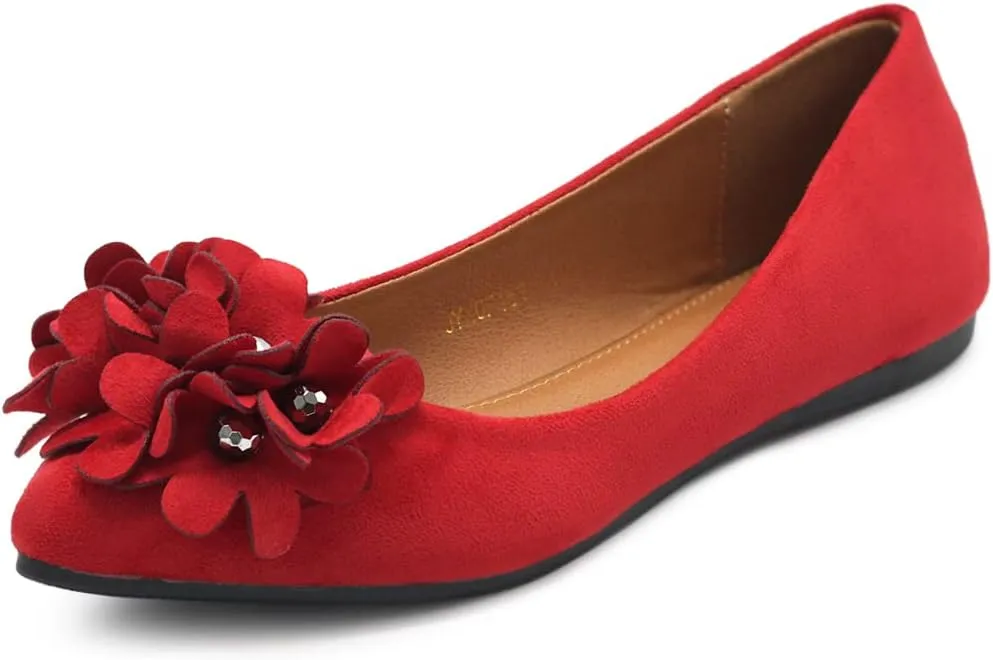 Ollio Women's Shoes Faux Suede Decorative Flower Pointed Toe Ballet Flats JYZ151