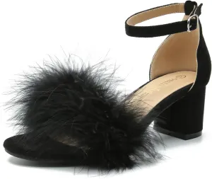 Omthanka Women's Open Toe Feather Heels Ankle Strap Low Block Chunky Heels Sandals Party Dress Pump Shoes