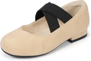 PANDANINJIA Girls Dress Shoes Ballet Flats Mary Jane Elastic Cross Strap Little Big Kid Low Heels Flower Girl Shoes