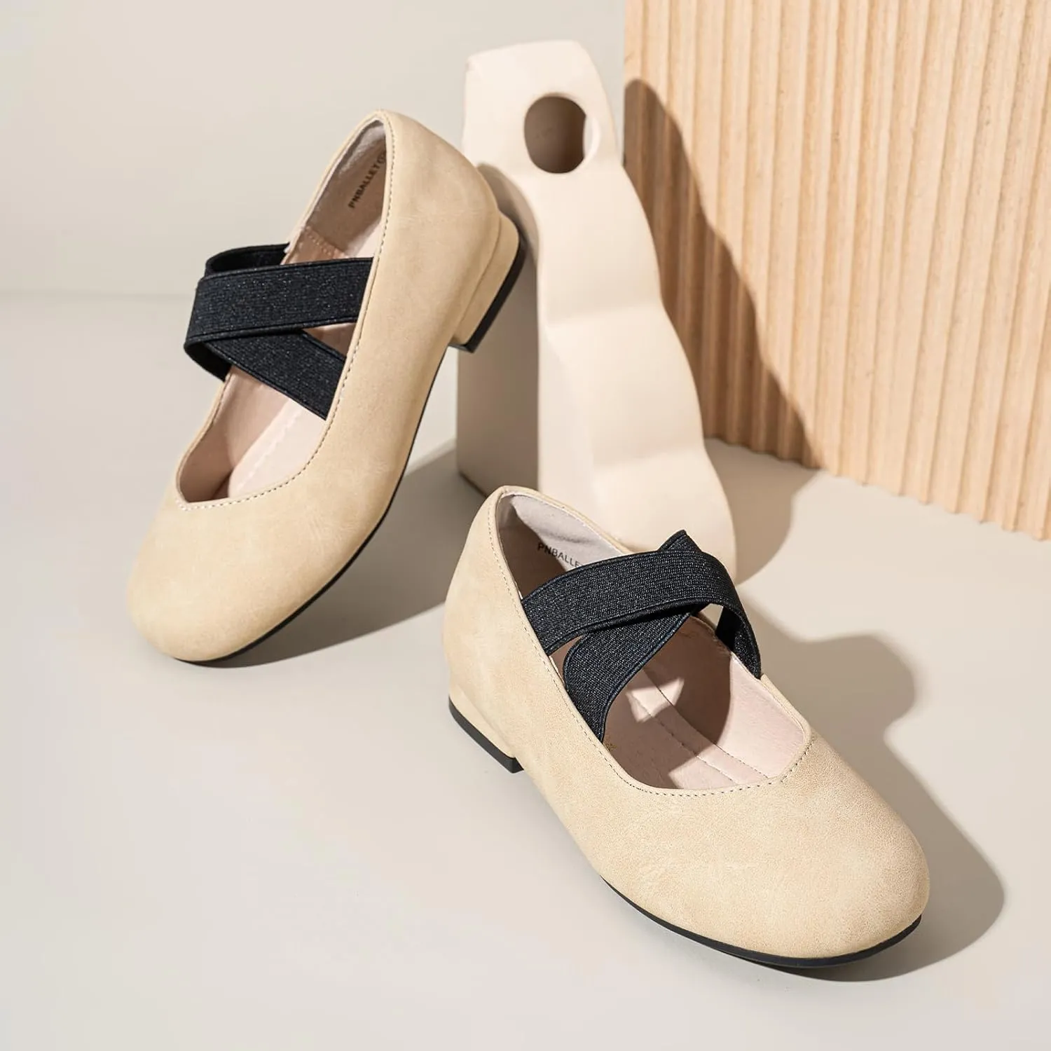 PANDANINJIA Girls Dress Shoes Ballet Flats Mary Jane Elastic Cross Strap Little Big Kid Low Heels Flower Girl Shoes