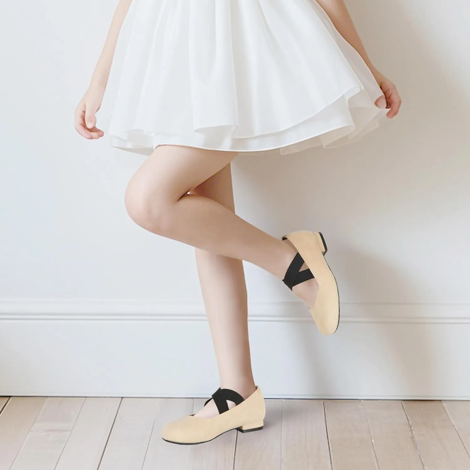 PANDANINJIA Girls Dress Shoes Ballet Flats Mary Jane Elastic Cross Strap Little Big Kid Low Heels Flower Girl Shoes