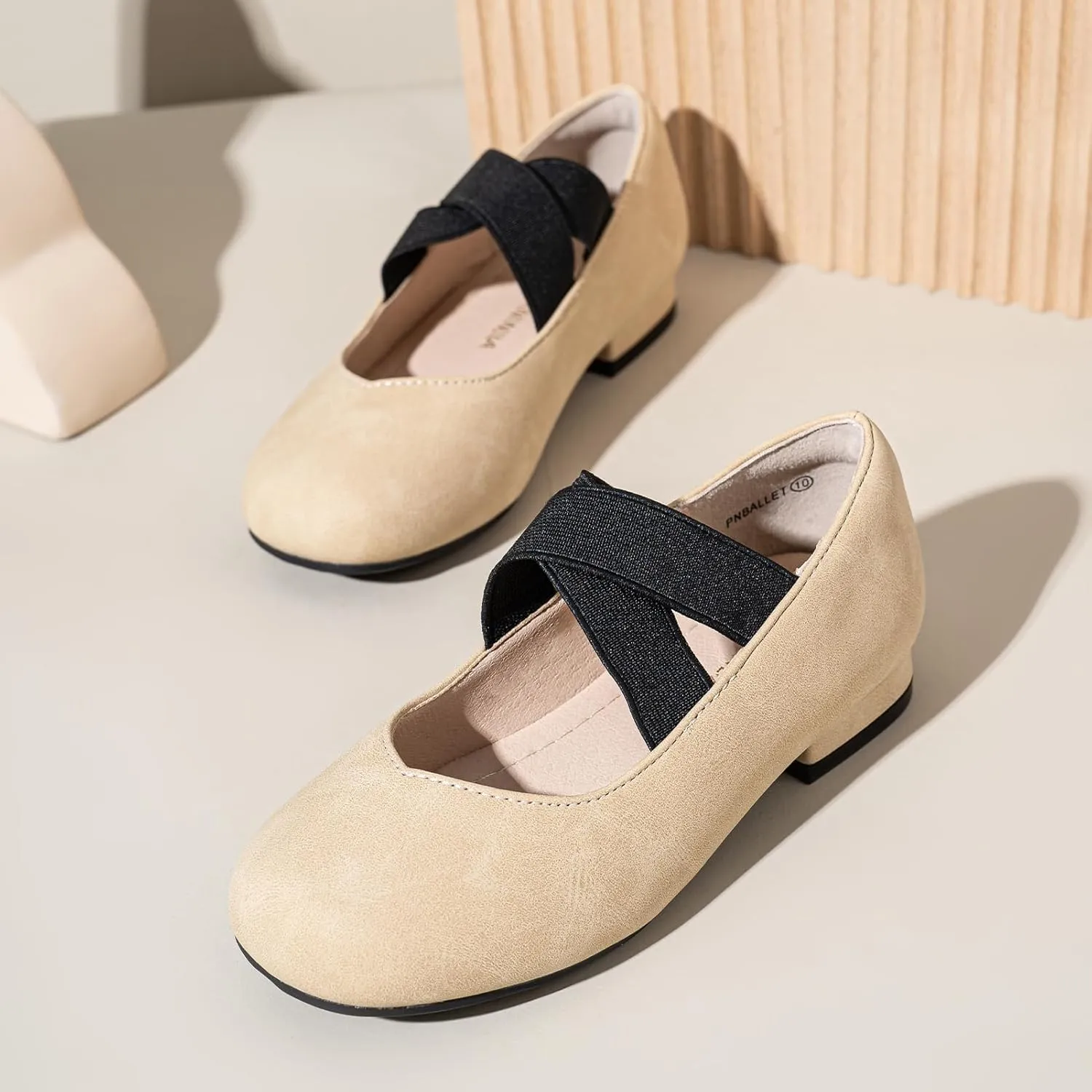 PANDANINJIA Girls Dress Shoes Ballet Flats Mary Jane Elastic Cross Strap Little Big Kid Low Heels Flower Girl Shoes