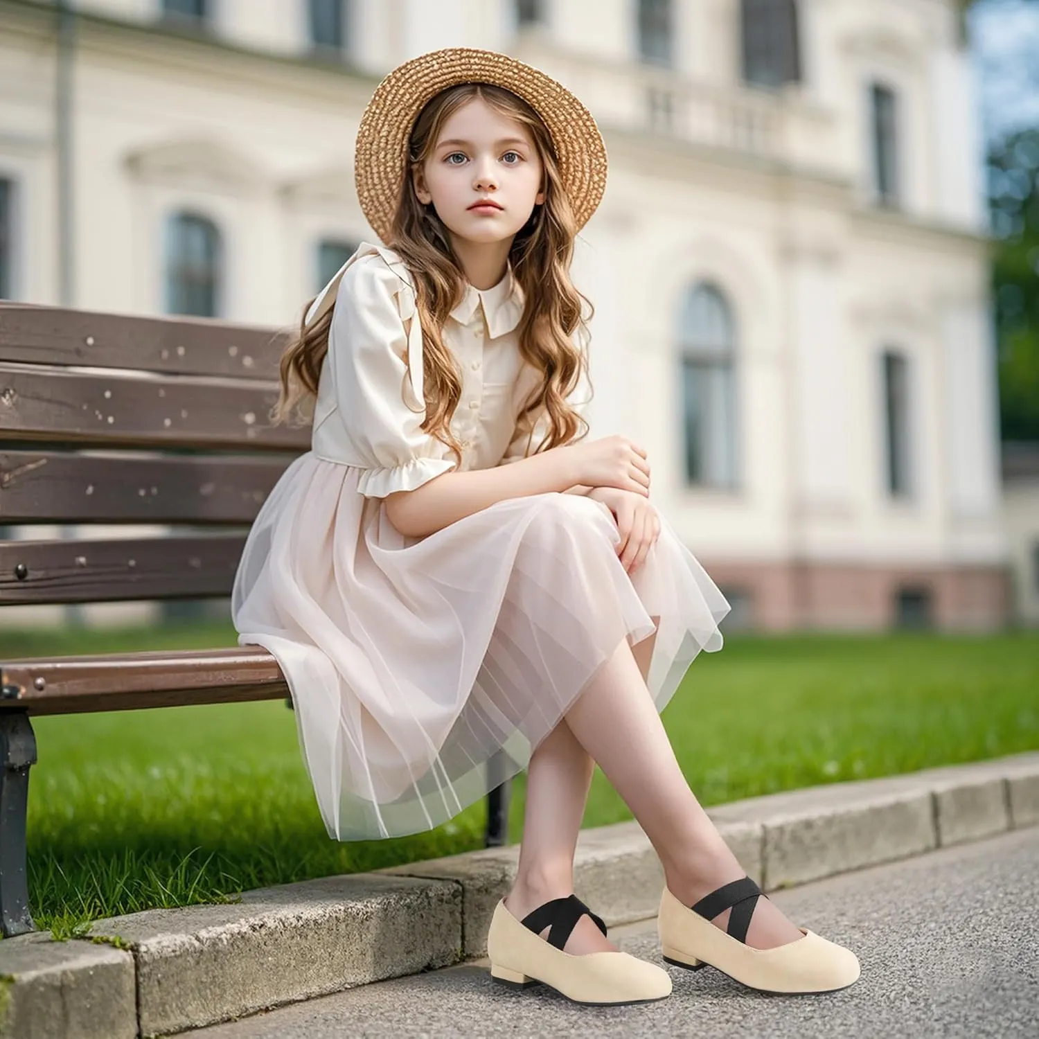 PANDANINJIA Girls Dress Shoes Ballet Flats Mary Jane Elastic Cross Strap Little Big Kid Low Heels Flower Girl Shoes